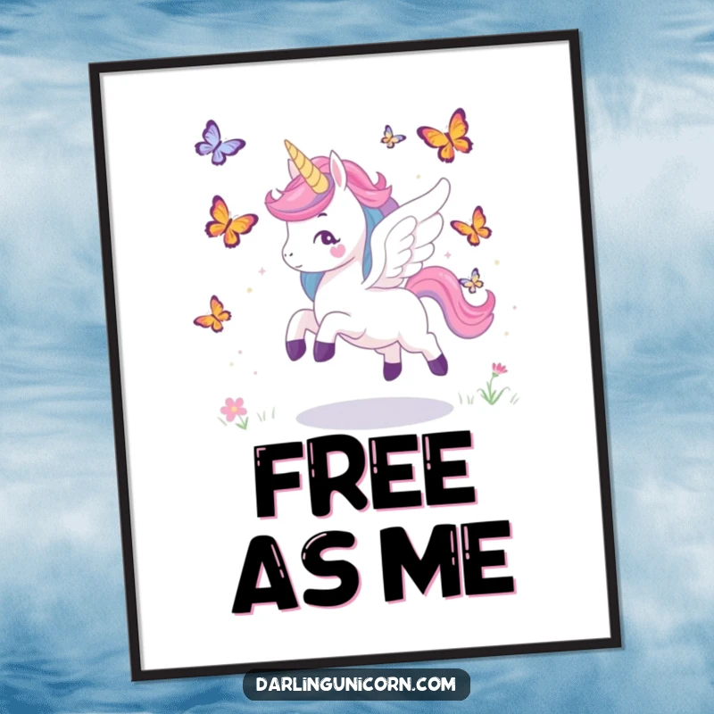 Funny poster art of a unicorn with wings joyfully chasing butterflies, capturing a moment of pure, whimsical delight.