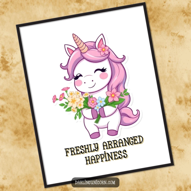 Funny Poster of a smiling unicorn holding a lovely bouquet of flowers, exuding happiness and bright charm.