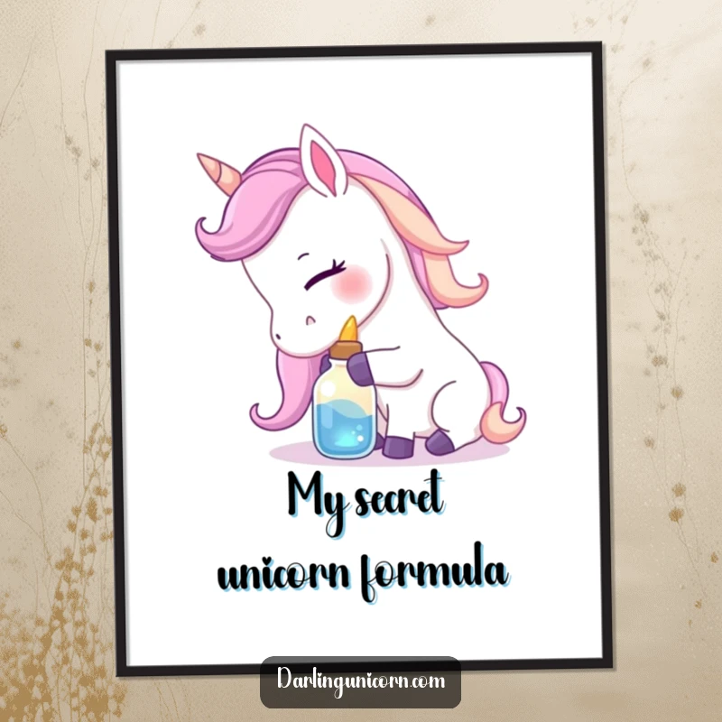 Funny poster displaying a gentle unicorn nuzzling a small, luminous potion bottle with affection, a beautiful piece of magical wall art.