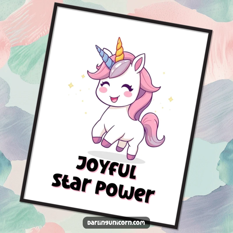 Funny Kawaii Unicorn Poster: A happy unicorn leaves a trail of twinkling stardust, radiating pure joy and enchantment.