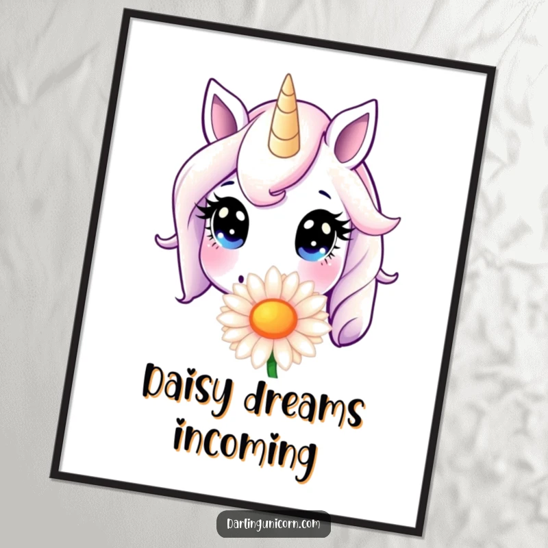 Funny Poster: A unicorn with innocent, wide eyes is depicted sniffing a giant daisy, creating a humorous and magical scene.
