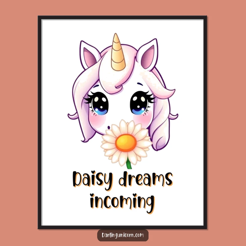 Funny Unicorn Daisy Sniff Poster: Innocent Eyes Art, Magical Whimsical Wall Decor Gift