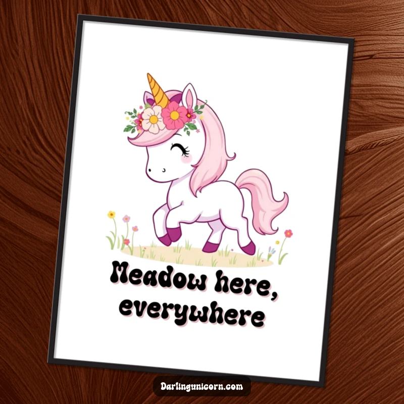 Funny poster showcasing a unicorn wearing a beautiful flower crown, joyfully prancing through a sunlit meadow, creating a serene scene.