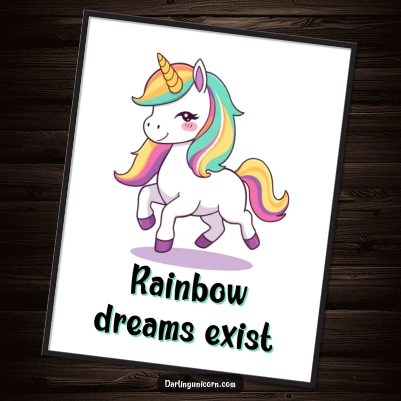 Funny Unicorn Joy Poster: A whimsical illustration of a unicorn with a vibrant rainbow mane joyfully prancing, radiating pure magic and cheerful energy.