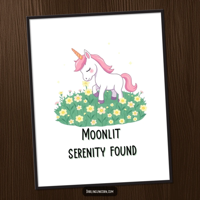 Funny unicorn tenderly nuzzling a field of luminous moonflowers, presented as exquisite wall art.
