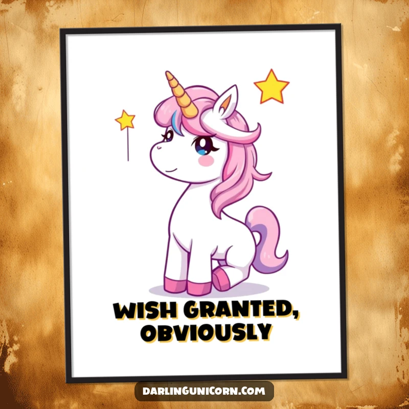 Funny Unicorn Poster: A delighted unicorn catches a shining falling star, bringing magical joy to wall decor.