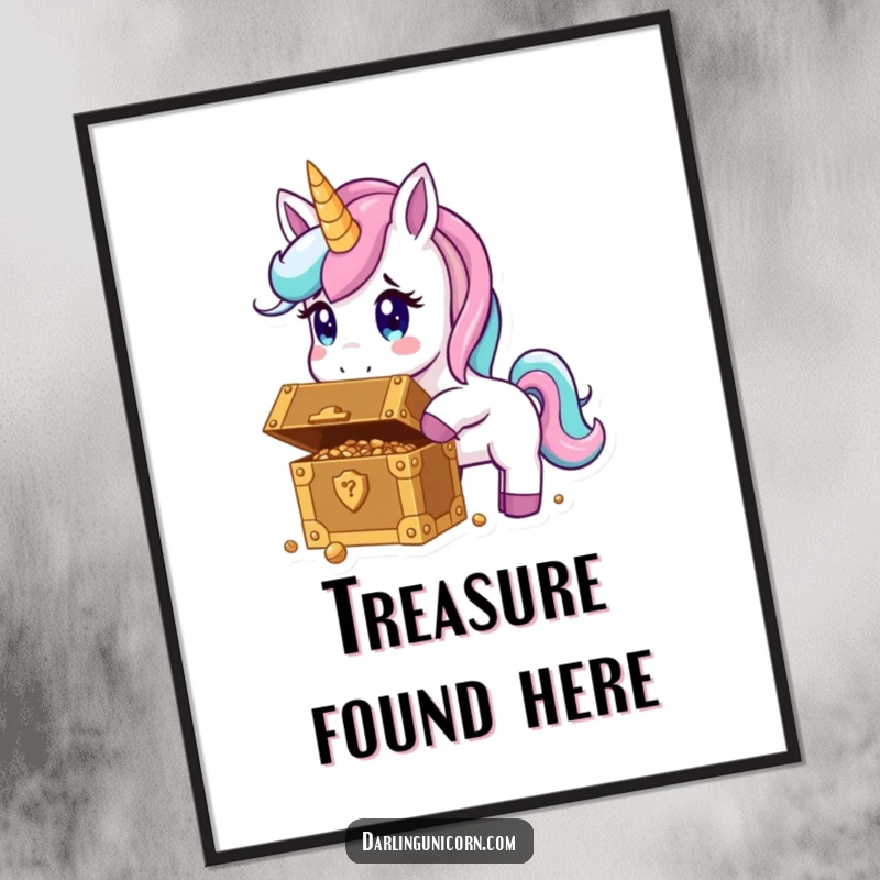 Funny poster illustrating a unicorn’s surprised reaction upon discovering a chest overflowing with glittering gold and jewels.