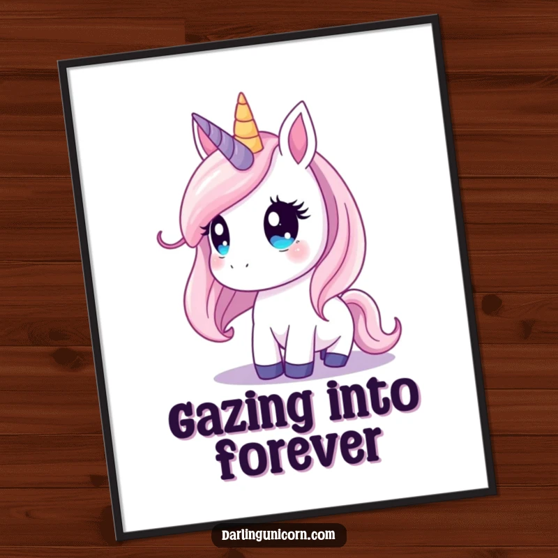 Funny unicorn poster illustrating a unicorn with wide, dreamy eyes mesmerized by a brilliant, star-filled night sky.