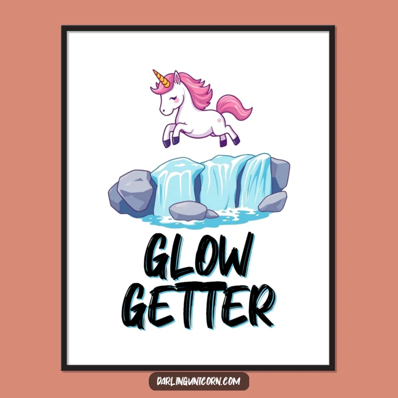 Funny Kawaii Unicorn Waterfall Leap Poster: Enchanting Wall Art with Glowing Magic - Great Funny Gift