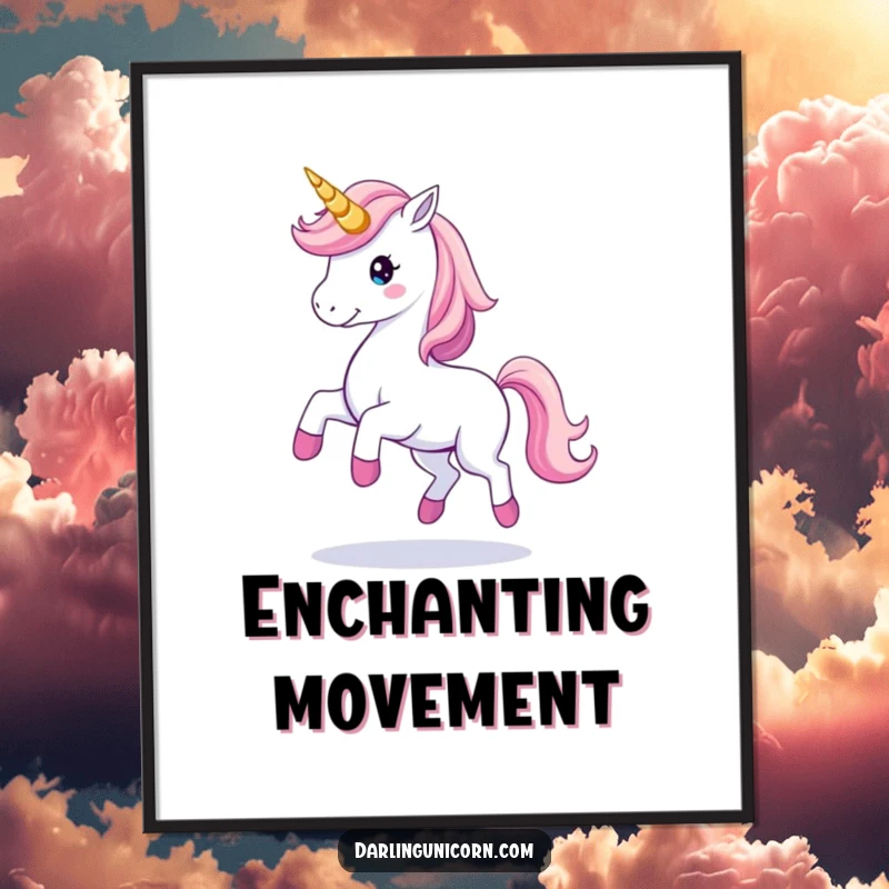 Elegant poster art of a unicorn performing a graceful twirl, its horn leaving a shimmering trail of light, capturing magic.