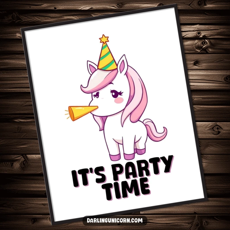 Funny poster art of a unicorn wearing a party hat, blowing a party horn with excitement and scattered confetti, perfect for celebrations.