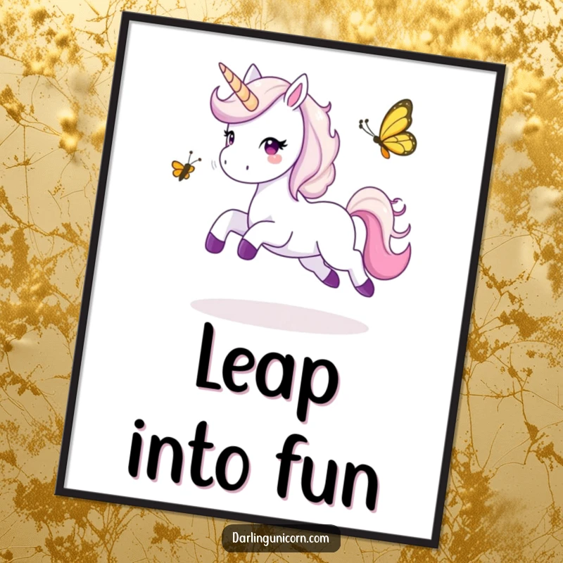 Funny poster illustrating a unicorn joyfully playing tag with a butterfly, captured mid-air in a spectacular, happy leap.