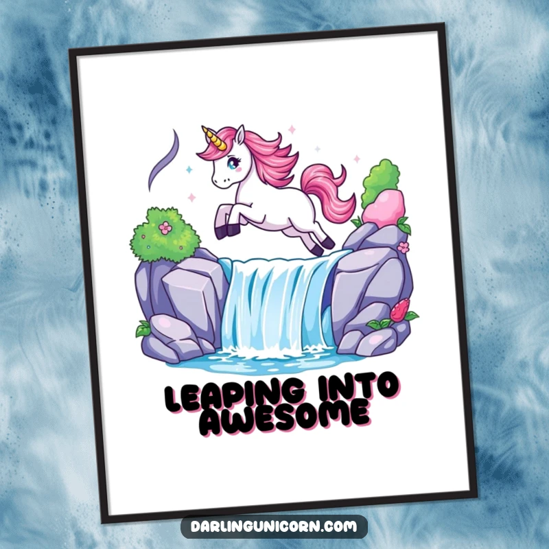 Funny poster depicting a unicorn in mid-air, triumphantly leaping over a glistening waterfall, full of magical energy.