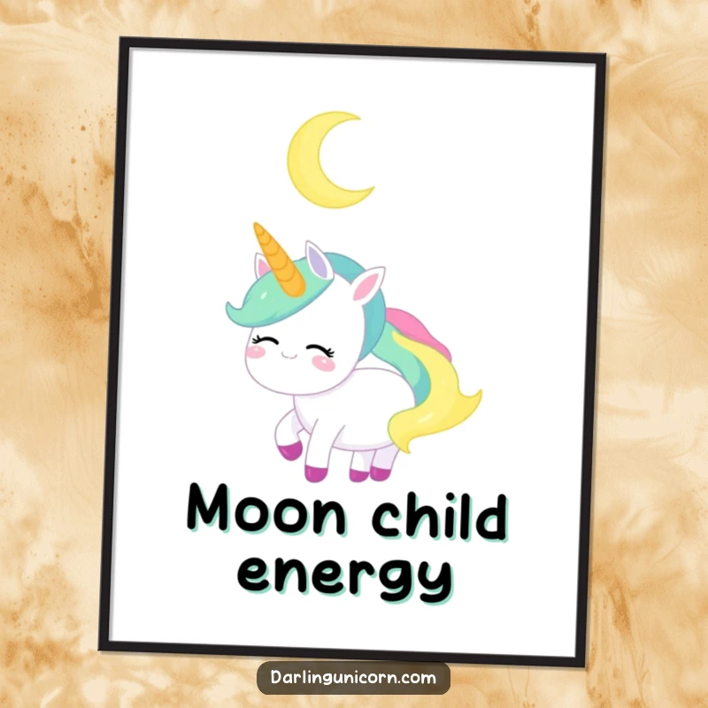 Funny Unicorn Poster: A serene unicorn gazes at a crescent moon, creating a peaceful and whimsical art piece.