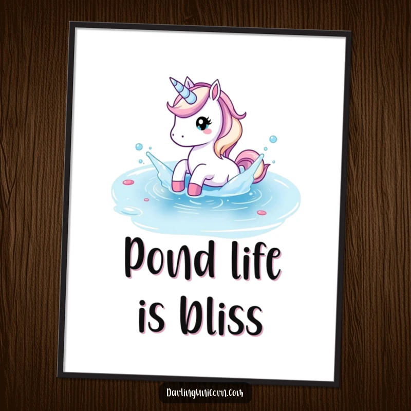 Funny poster showing a unicorn playfully splashing in a crystal clear pond, creating a scene of pure, refreshing delight.