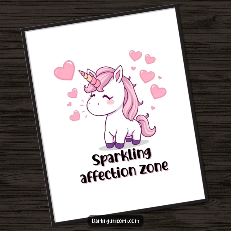 Funny Poster: A unicorn blows a kiss, sending sparkling hearts flying, creating a humorous and romantic piece of wall art.