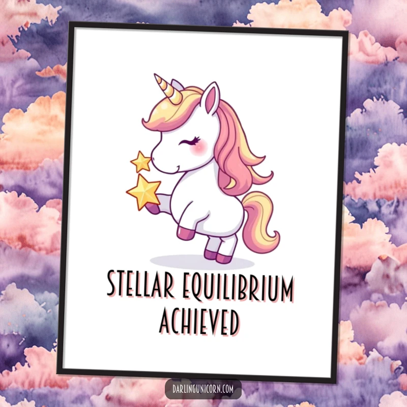 Funny poster of a unicorn effortlessly balancing a glowing star on its nose, adding a touch of magical humor to any wall.