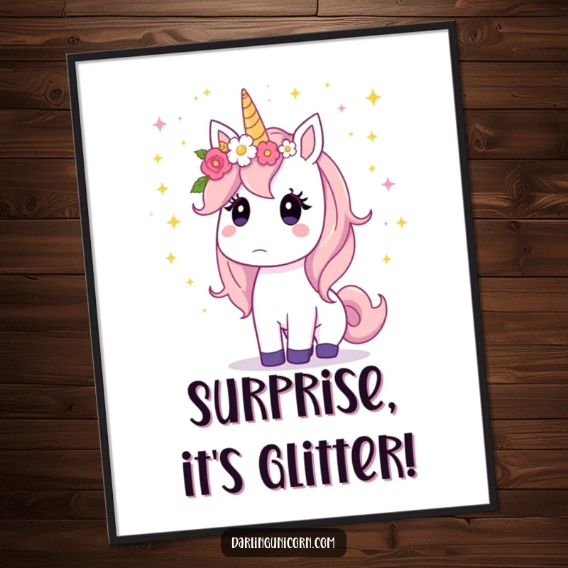 Funny unicorn wearing a flower crown, eyes wide with surprise watching a mesmerizing cascade of stardust fall.