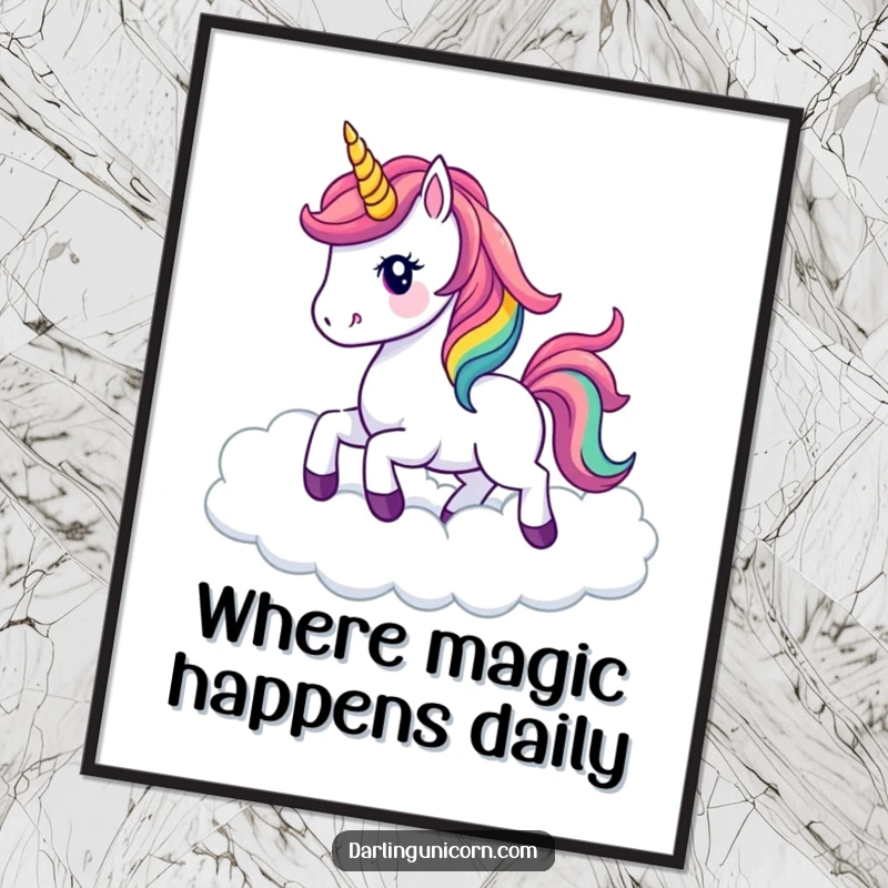 Funny kawaii unicorn with a spectacular rainbow mane prancing elegantly through dreamy clouds, presented as vibrant wall art.