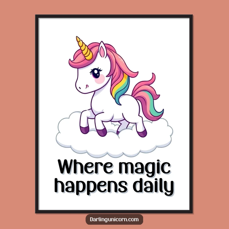 Funny Kawaii Unicorn Poster: Rainbow Clouds Art, Magical Wall Decor Gift