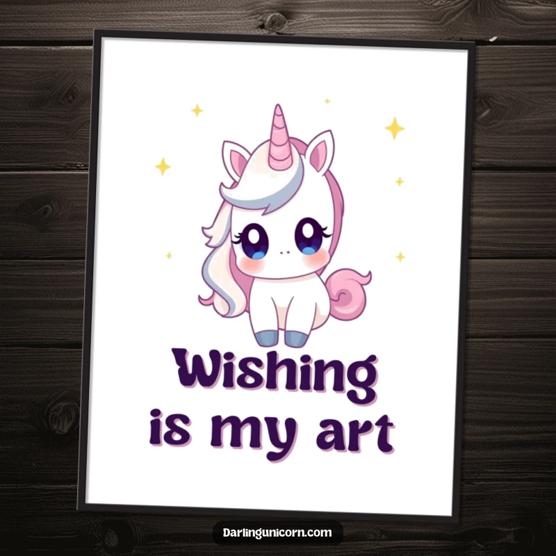 Funny poster showing a unicorn with captivating, curious eyes, looking up at a sky illuminated by shooting stars, inspiring awe.