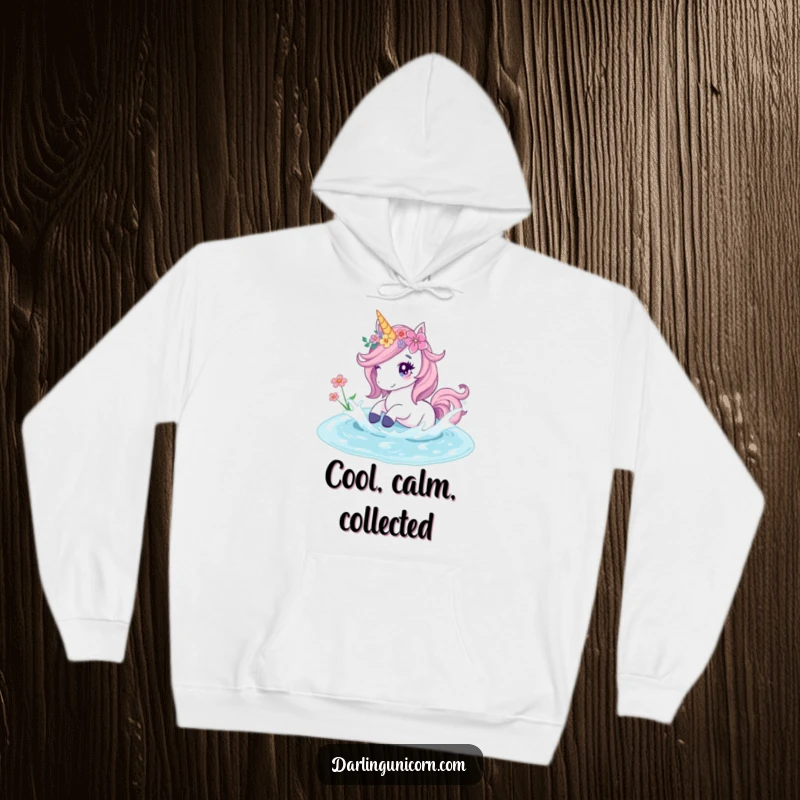 Funny hoodie featuring a unicorn decorated with flowers playfully splashing in a clear pond, embodying peaceful nature vibes.