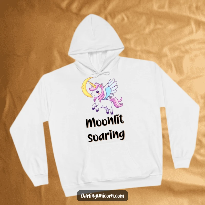 Funny Kawaii Unicorn Hoodie: A unicorn with iridescent wings soars near a crescent moon, bringing magical warmth and wonder.