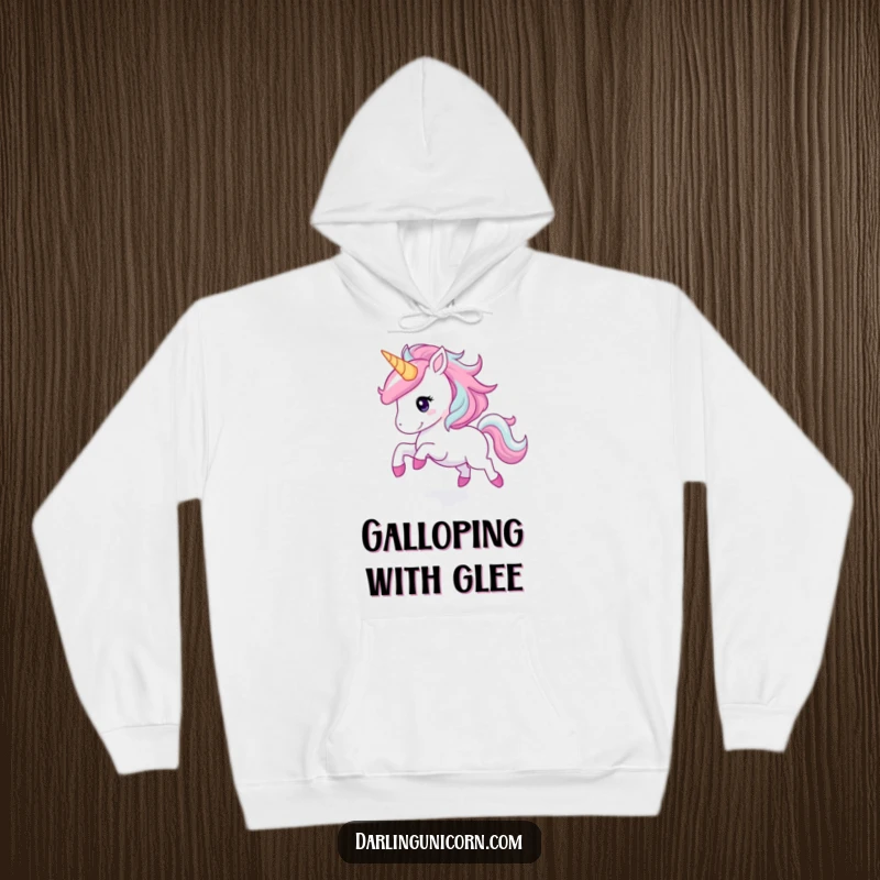Funny unicorn hoodie with a joyful unicorn galloping through clouds, its mane sparkling, perfect for cozy magical moments.