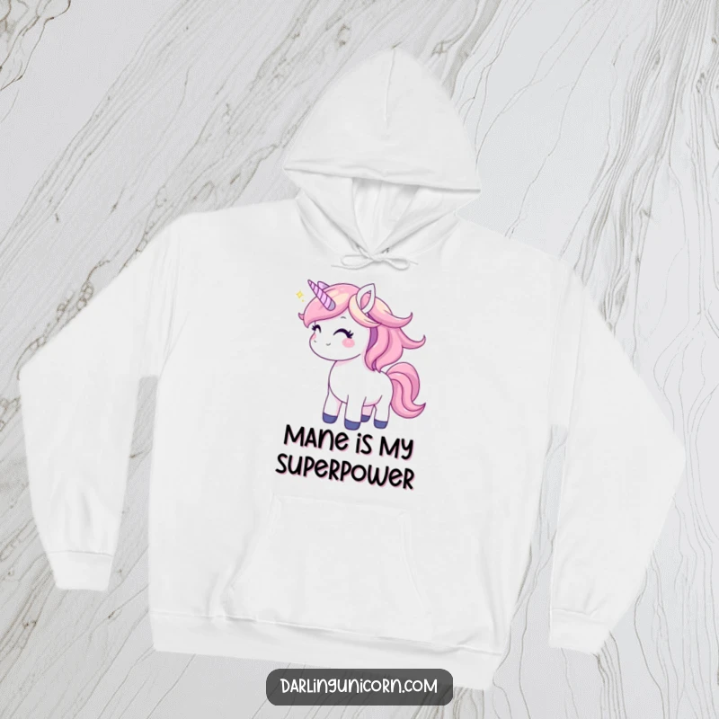 Funny unicorn hoodie showing a joyful unicorn with a happy glint, tossing its shimmering mane with ecstatic, magical energy.