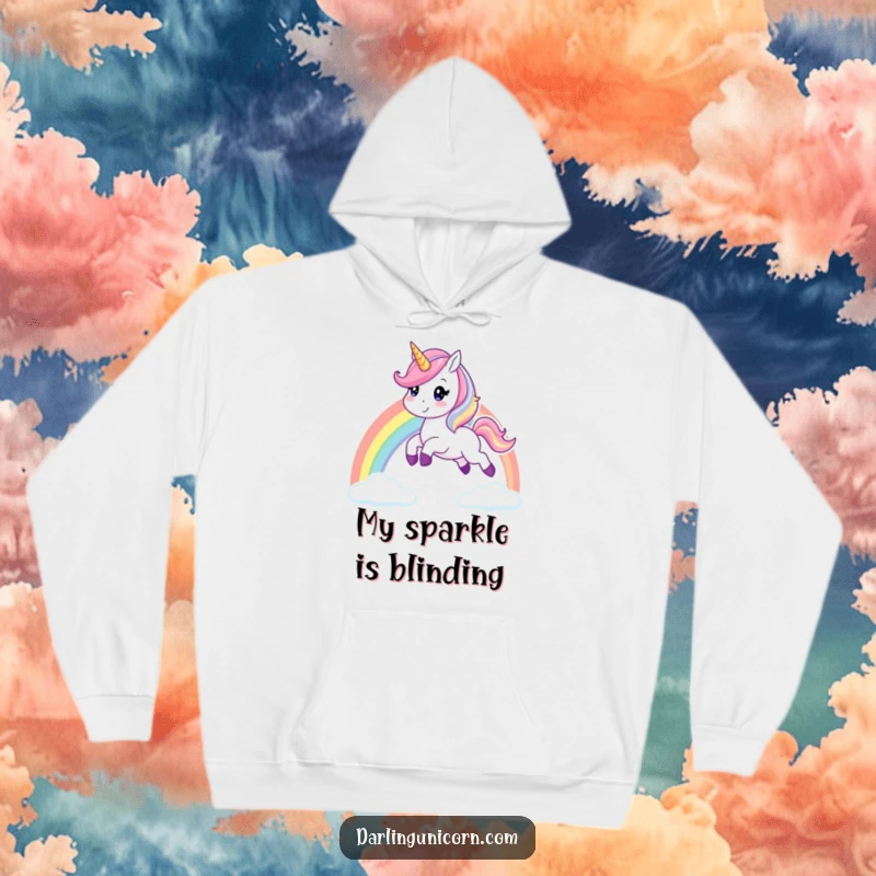 Funny unicorn hoodie showing a cheerful unicorn energetically leaping over a bright, arching rainbow, radiating positivity and magical charm.