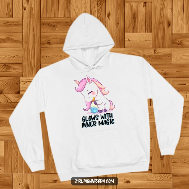 Funny hoodie showing a gentle unicorn nuzzling a small, luminous potion bottle with affection, perfect for warm and magical moments.