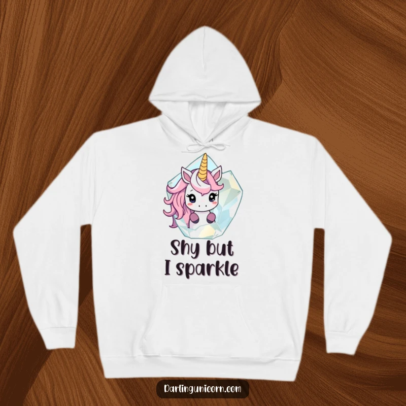Funny hoodie featuring a shy unicorn peeking out from behind a large, translucent crystal, perfect for cozy and mysterious moments.