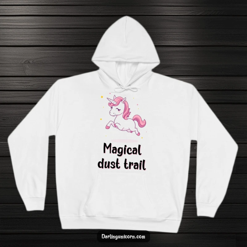 Funny hoodie illustrating an animated unicorn kicking up stardust while trotting, offering warmth and a sense of magical adventure.