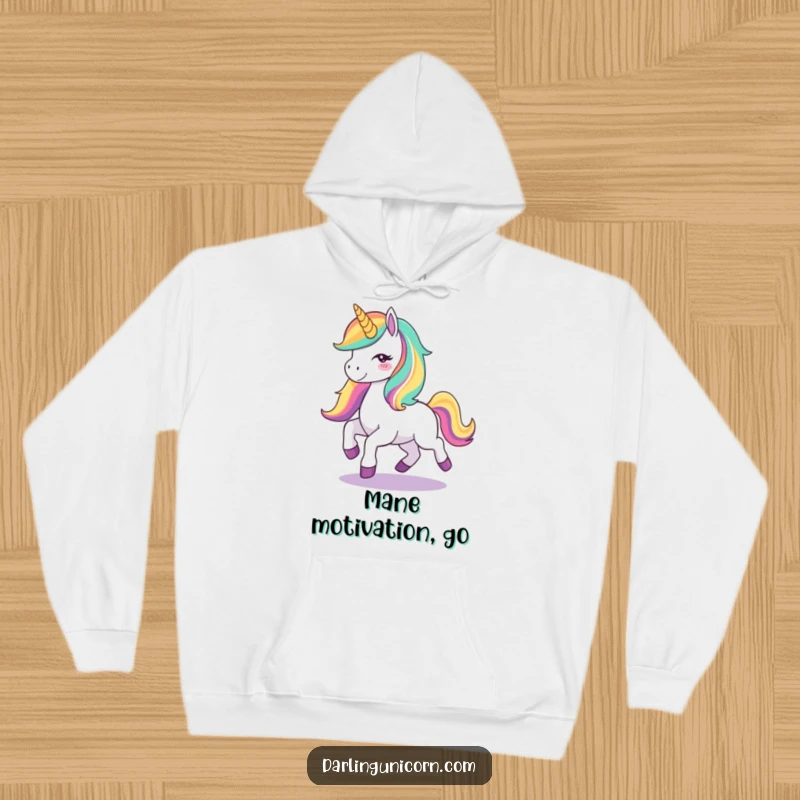 Funny Unicorn Joy Hoodie: A soft hoodie featuring a cute unicorn with a rainbow mane prancing with happiness, perfect for cozying up with magical fun.