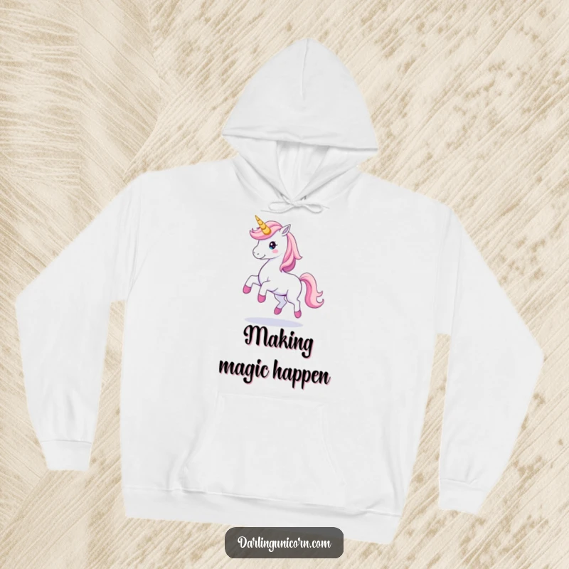 Cozy hoodie featuring a unicorn gracefully twirling with a magical horn trail, offering warmth and a touch of ethereal charm.