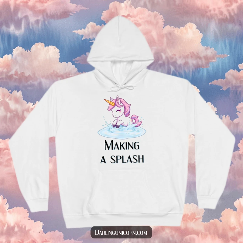 Funny Unicorn Hoodie: A unicorn playfully splashes in shimmering liquid, offering cozy fun and warmth.
