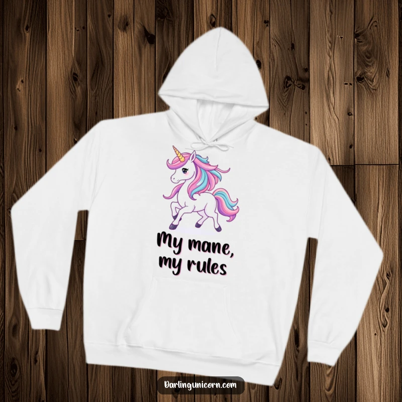 Funny hoodie featuring a unicorn with its mane flowing like a vibrant waterfall, offering warmth and a touch of natural elegance.