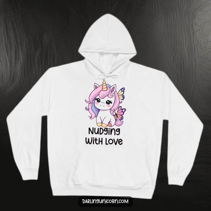 Funny hoodie featuring a kind-hearted unicorn nudging a butterfly, offering warmth and a sense of gentle connection.