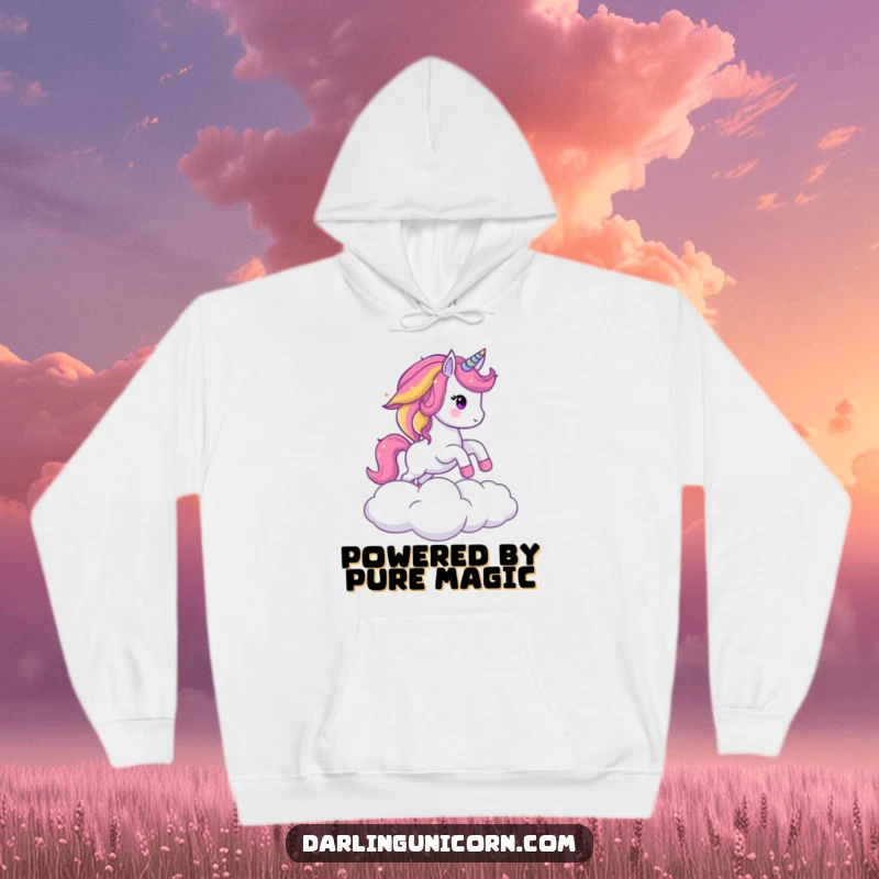 Funny hoodie depicting a sparkling unicorn with a vibrant rainbow mane gracefully leaping over a soft, fluffy cloud in a magical scene.