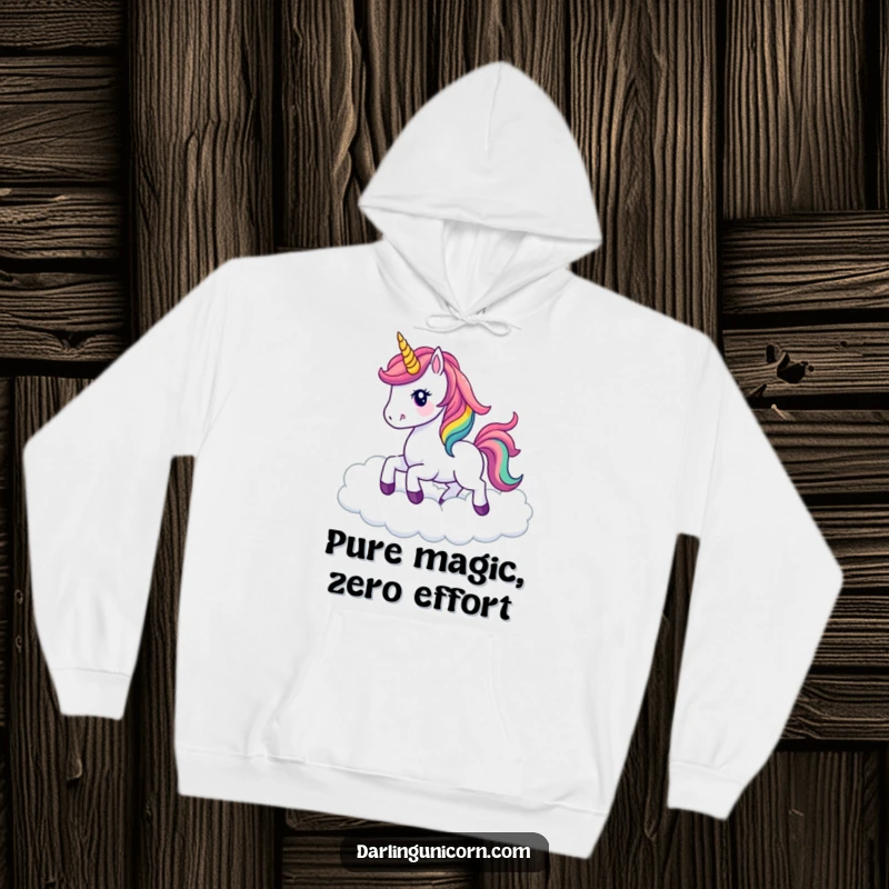 Funny kawaii unicorn with a dazzling rainbow mane prancing amongst ethereal clouds, featured on a warm and snuggly hoodie.
