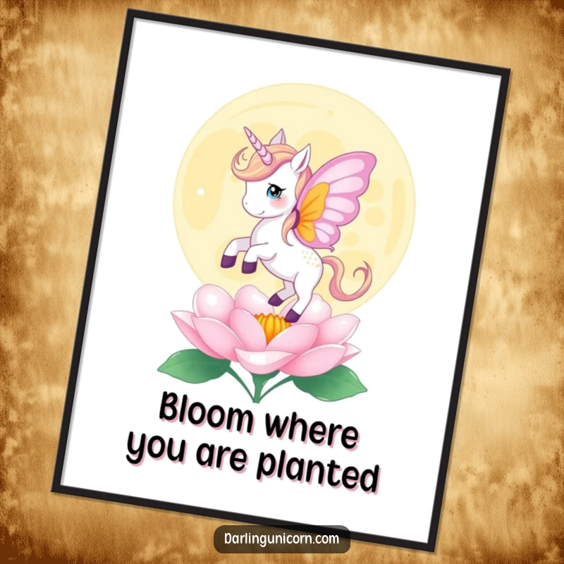 Funny Free Printable Wall Art: Unicorn with butterfly wings gently landing on a blooming moonflower, a scene of delicate beauty.
