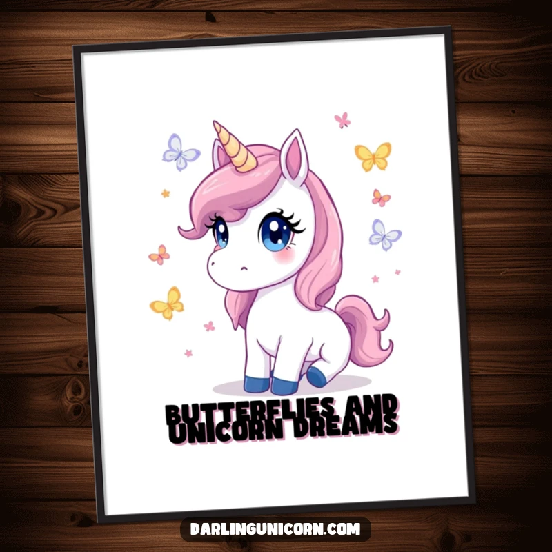 Free Printable wall art of a unicorn with innocent eyes watching butterflies flutter peacefully.