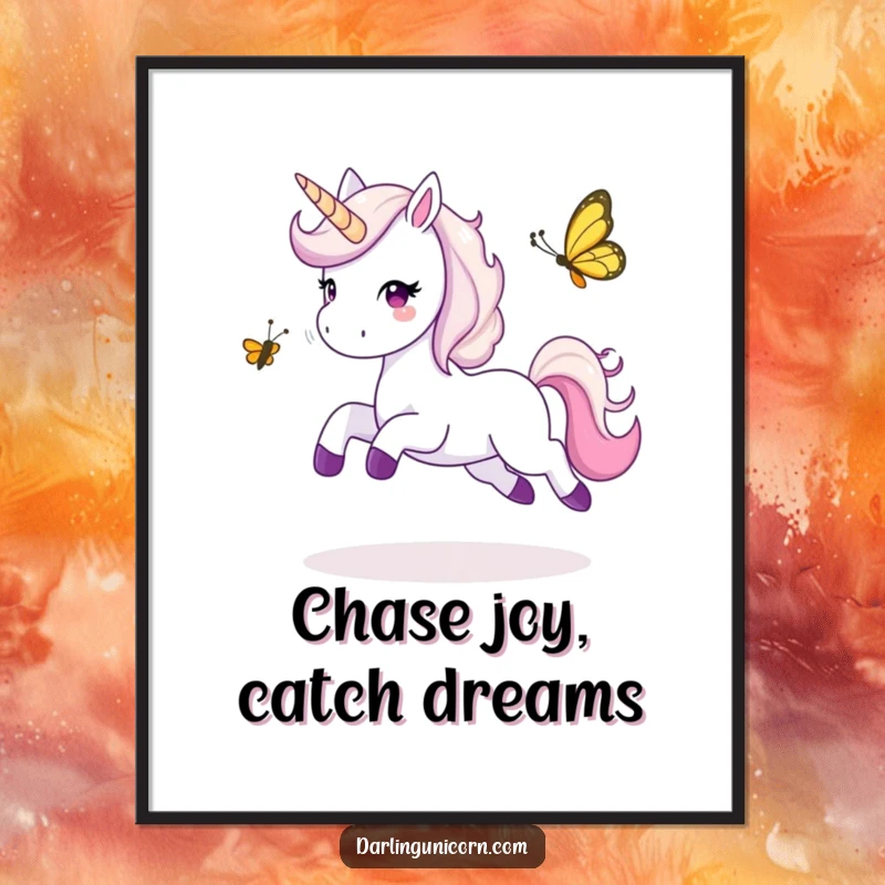 Funny Free Printable Wall Art: A unicorn joyfully leaps while playing tag with a mischievous butterfly.