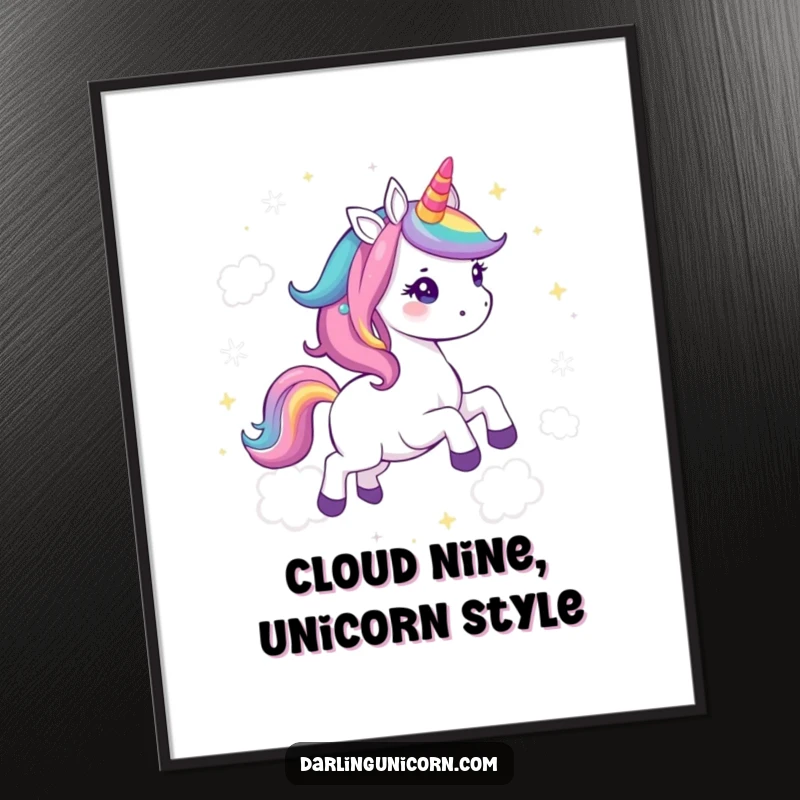 Funny Free Printable Wall Art: Kawaii unicorn with rainbow mane galloping joyfully through sparkling clouds.