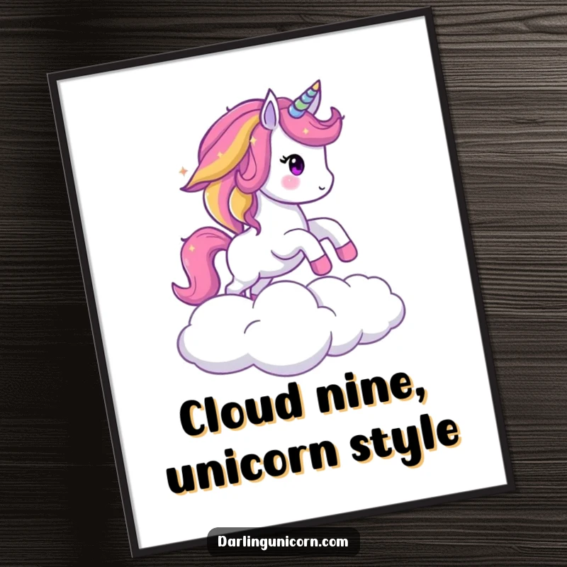 Funny Free Printable Wall Art: Sparkling unicorn with a vibrant rainbow mane leaping energetically over a fluffy cloud.