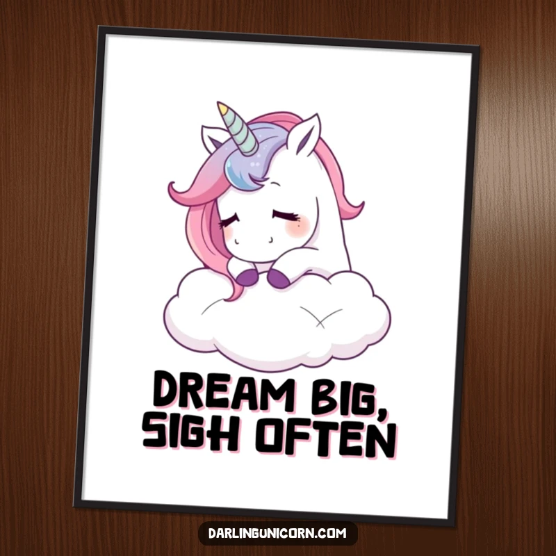 Funny Free Printable Wall Art: A unicorn softly nuzzling a fluffy cloud with a peaceful, contented sigh.