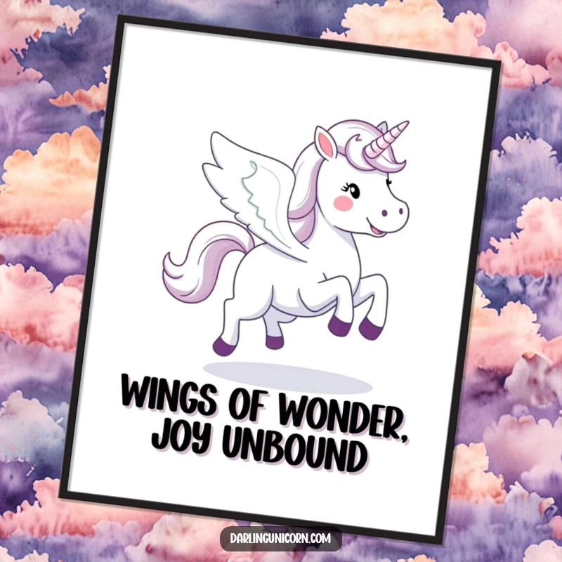 Funny Free Printable Wall Art: A happy unicorn with magnificent wings spread wide, galloping majestically through the heavens.