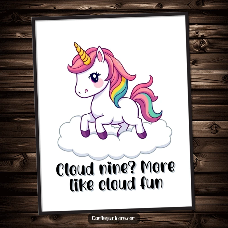 Funny Free Printable Wall Art: A kawaii unicorn with a vibrant rainbow mane prancing gracefully through soft, dreamy clouds.