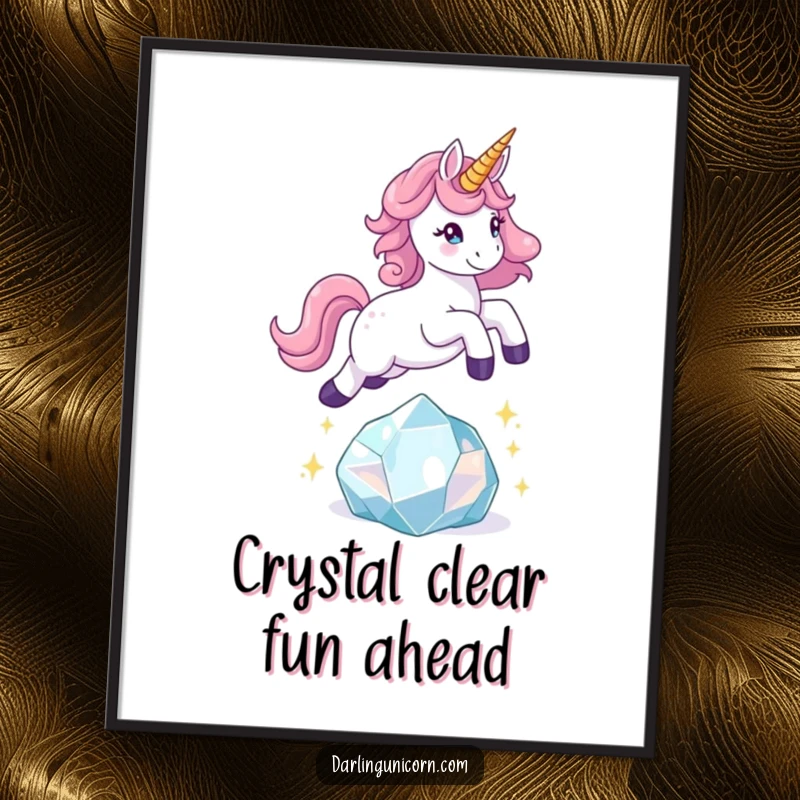 Funny Free Printable Wall Art of a playful unicorn leaping energetically over a sparkling crystal, perfect for dynamic interiors.