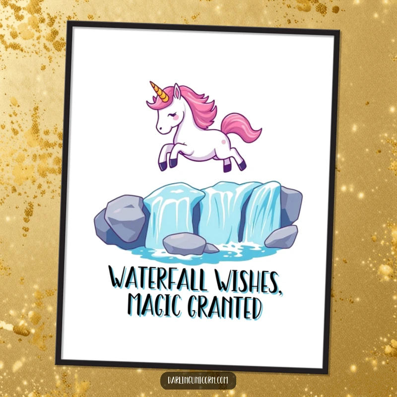 Funny Free Printable Wall Art: Kawaii unicorn gracefully leaping over a shimmering waterfall, horn aglow.
